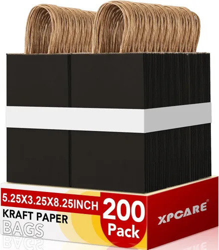 XPCARE 200 unidades de bolsas de regalo de papel, 13,3 x 8,2 x 21 cm, bolsas de envoltorio de regalo con asas, bolsas de papel kraft negro para