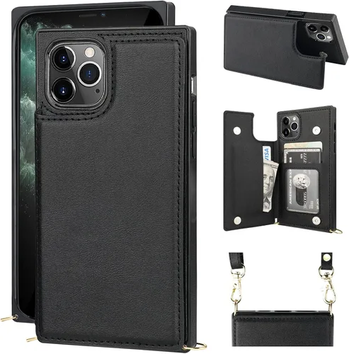 Bocasal Funda tipo cartera cruzada para iPhone 11 Pro con tarjetero de piel sintética con función atril a prueba de golpes, correa cruzada Negro
