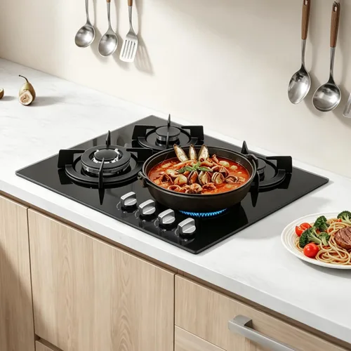 Miniatura 7 de Estufa de gas de 23 pulgadas, 4 quemadores, estufa de gas integrada con panel de vidrio templado, estufa de GN/LPG, quemadores de cocina