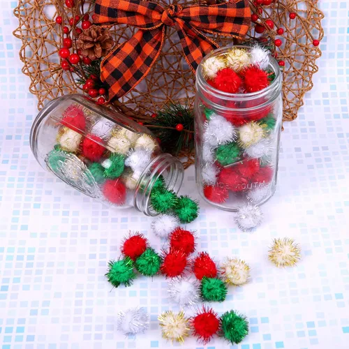Miniatura 4 de Cooraby 200 pompones de Navidad con purpurina de colores surtidos (0.59 pulgadas)