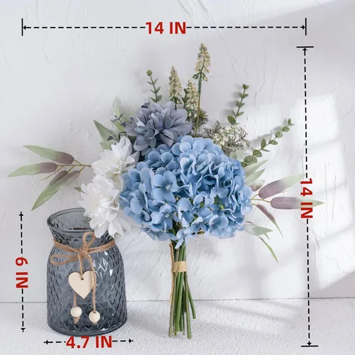Miniatura 6 de LUEUR Flores falsas con jarrón, flores artificiales de hortensias en jarrón, arreglo de flores sintéticas adecuadas para el hogar, cocina, sala