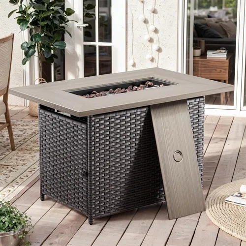 Miniatura 10 de HUMMUH Mesa cuadrada de propano de 30 pulgadas, fogata de gas al aire libre de 50,000 BTU con tapa y roca de lava, mesa de acero 2 en 1 para porche