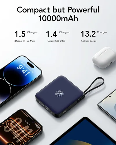 Miniatura 7 de VRURC Cargador portátil USB C para iPhone, banco de energía delgado de 10000 mAh con cables integrados, carga rápida de 22.5 W con pantalla LED
