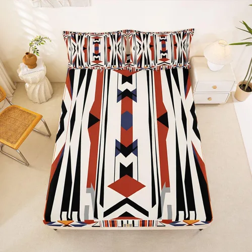 Miniatura 37 de Juego de ropa de cama occidental tamaño individual, sábanas aztecas, estilo nórdico exótico, bohemio, sábana bajera ajustable de tribu india