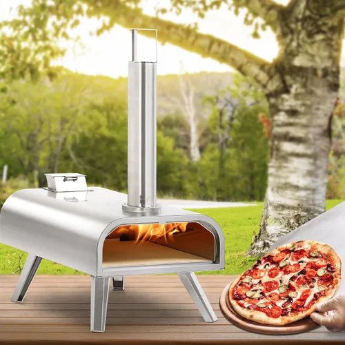 Miniatura 2 de BIG HORN OUTDOORS 16" Horno de piedra para pizza con leña, cocinador de pizza al aire libre de acero inoxidable 1112°F, portátil
