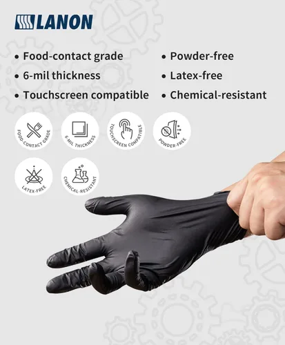 Miniatura 2 de LANON - Guantes desechables de nitrilo negro de 6 mil, aptos para alimentos, resistentes, puntas de los dedos texturizadas, sin látex, talla L