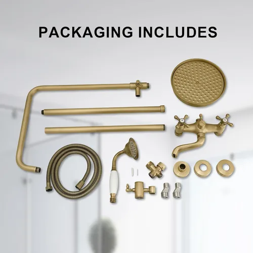 Miniatura 7 de Kit de ducha de latón antiguo para exteriores, ducha expuesta de 8 pulgadas, cabezal de ducha de lluvia de alta presión con rociador de mano