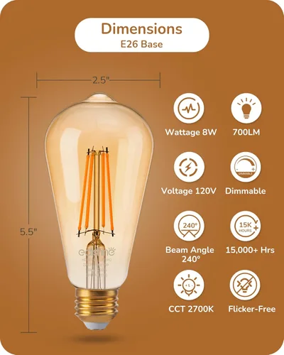 Miniatura 6 de EDISHINE Paquete de 6 Bombillas LED Edison Vintage 8W Equivalente a 60W, ST64 Bombillas LED Regulables, 700LM 2200K Luz Cálida Ámbar E26, Bombillas