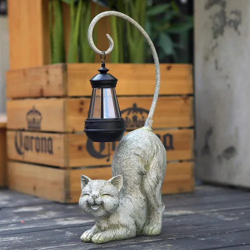 Miniatura 7 de Figura de gato riendo con luz LED alimentada por energía solar, 15.7 pulgadas de alto en bronce antiguo, perfecta para regalo, decoración de jardín