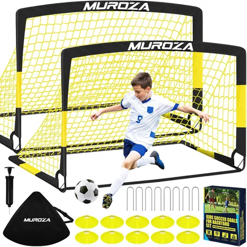 Portería de fútbol, juego de porterías de fútbol para niños para patio trasero, paquete de 2 redes de fútbol portátiles desplegables con pelota de