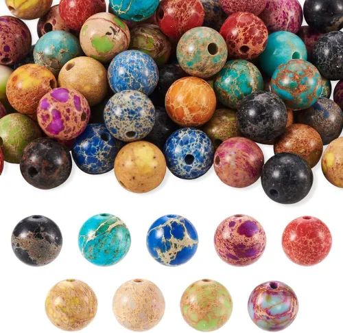 Miniatura 7 de Pandahall - 90 cuentas de jaspe imperial natural de 0.315 pulgadas (0.315 in), cuentas de piedras semipreciosas, 9 colores centrales perforadas