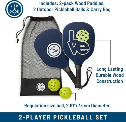Miniatura 2 de Life is Good Juego de iniciación de pickleball - Incluye 2 paletas de pickleball de madera, 2 bolas de pickleball de tamaño reglamentario y bolsa