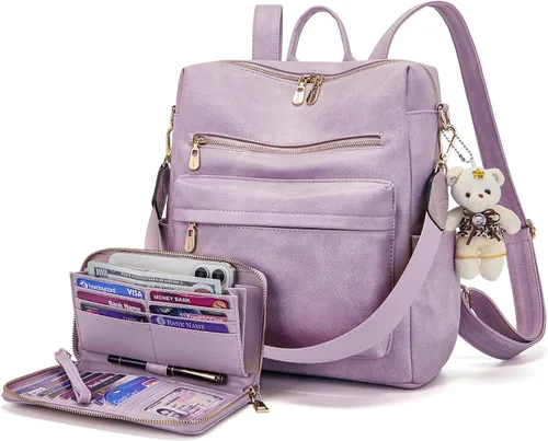 Miniatura 10 de Soperwillton Bolso de mochila para mujer. Bolsos de mano con diseño multiusos. Bolsa de hombro de cuero sintético. Bolsa de viaje. Juego de 2