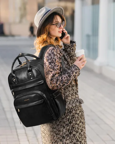 Miniatura 2 de LOVEVOOK Mochila vintage para computadora portátil de piel sintética de 15.6 pulgadas, negro, 25L, resistente al agua, puerto de carga USB