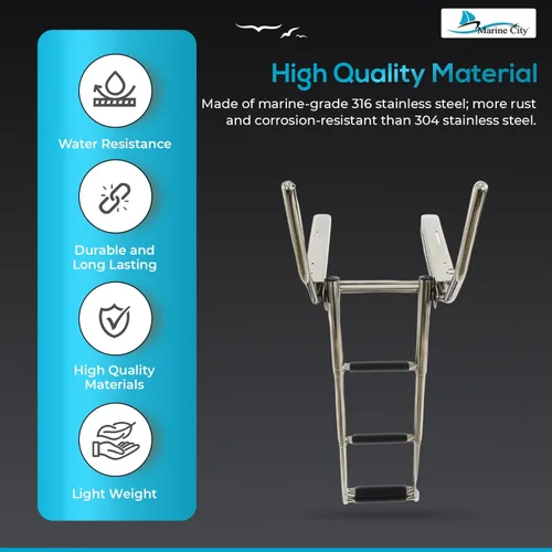 Miniatura 3 de MARINE CITY Escalera telescópica para barco de 3 escalones debajo de la plataforma con pasamanos retráctiles, acero inoxidable 316, resistente al