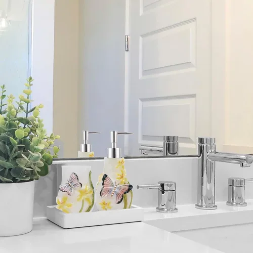 Miniatura 3 de Juego de accesorios decorativos de baño que incluye vasos, jabonera, champú y jabón líquido y soporte para cepillos de dientes, regalo para niña