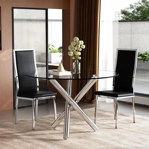 Miniatura 41 de Moderno juego de mesa redonda de cristal para 2, juego de mesa de cocina de círculo pequeño de 36 pulgadas con 2 sillas de comedor de piel sintética