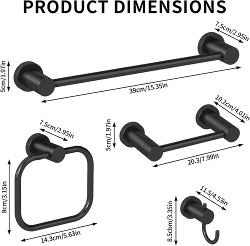 Miniatura 6 de STWWO Juego de 4 piezas de accesorios de baño, color negro, juego de toalleros de acero inoxidable de 16 pulgadas, toalleros para baño montado