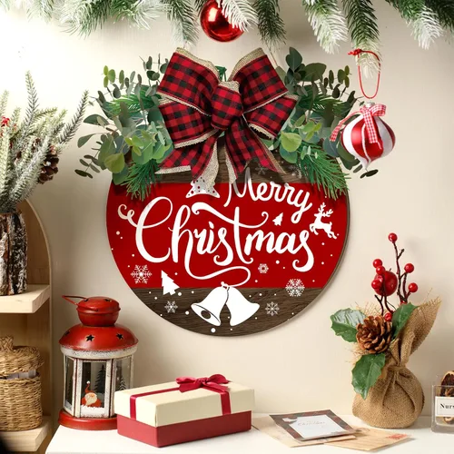 Miniatura 4 de Boao Decoraciones de puerta de Navidad de madera con texto en inglés «Merry Christmas» para puerta delantera, colgador de letrero con lazo rojo a