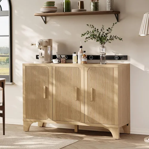 Gabinete de buffet acanalado moderno de mediados de siglo con almacenamiento, aparador decorativo y armario de almacenamiento de credenza con Roble