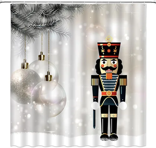 Cortina de ducha pequeña, diseño de bola de Navidad, color gris dorado, plateado, cascanueces, copos de nieve, fantasía, invierno, vacaciones,