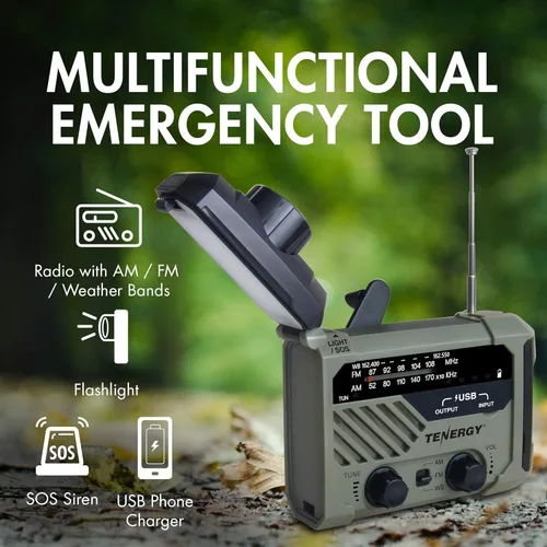 Miniatura 2 de Tenergy Radio meteorológica multifuncional con manivela con linternas LED, alarma SOS, cargador de teléfono celular, radiofrecuencias AM/FM/NOAA