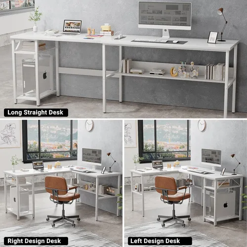 Miniatura 6 de Unikito Escritorio reversible para computadora en forma de L con tomas de corriente mágicas y puertos de carga USB, escritorio esquinero resistente
