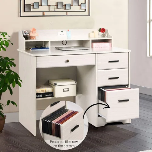 Miniatura 5 de Escritorio blanco para oficina en casa con 4 cajones y gabinete, mesa de computadora para dormitorio, blanco roto