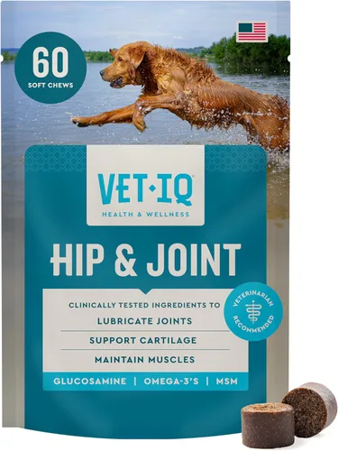 VetIQ Suplemento de glucosamina para cadera y articulaciones para perros, 60 masticables suaves, suplemento de apoyo articular con MSM y krill,