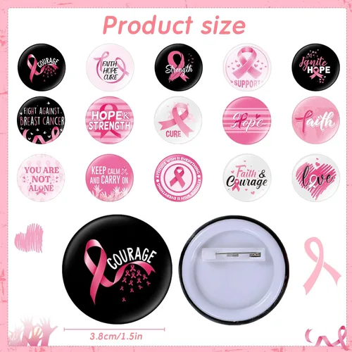 Miniatura 3 de 60 accesorios de concientización sobre el cáncer de mama, incluyen 30 pulseras de silicona de cinta rosa y negra, pulsera de goma y 30 insignias