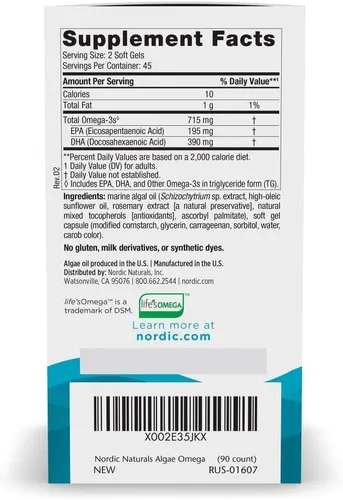 Miniatura 2 de Nordic Naturals Algas Omega – 90 geles blandos – 715 mg Omega-3 – Aceite de algas vegano certificado – EPA y DHA a base de plantas – Salud