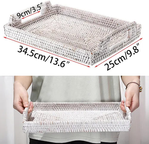 Miniatura 7 de Hipiwe Bandeja de ratán para servir con asas de madera, bandeja decorativa tejida a mano para mesa de café, cesta rectangular, bandejas otomanas