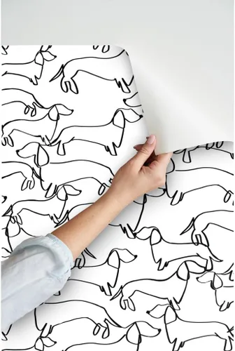 Miniatura 3 de Papel tapiz para despegar y pegar, diseño de líneas blancas y negras de perro salchicha de Weiner Dogs, papel tapiz extraíble personalizado por