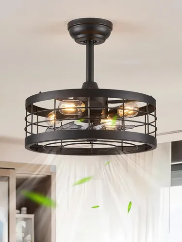 LEDIARY - Ventilador de techo 16.5 pulgadas con jaula y luz, diseño industrial, estilo granja, para cocina, dormitorio, exterior, control remoto, 6