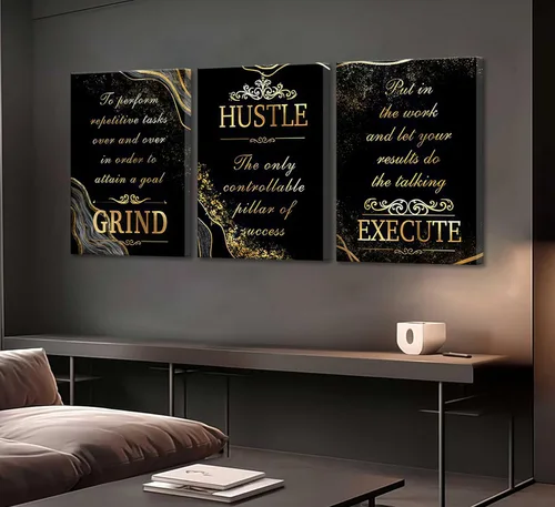 Miniatura 7 de 3 piezas de lienzo inspirador de oro negro para oficina, arte de pared, motivacional, moler ajetreo, ejecución, fotos inspiradoras, decoración