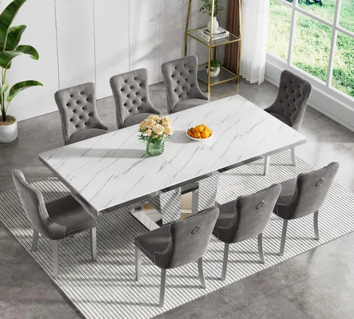 Miniatura 41 de Juego de mesa de comedor extensible de 5 piezas, juego de mesa de comedor extensible de estilo granja para 4, mesa de cocina expandible de madera