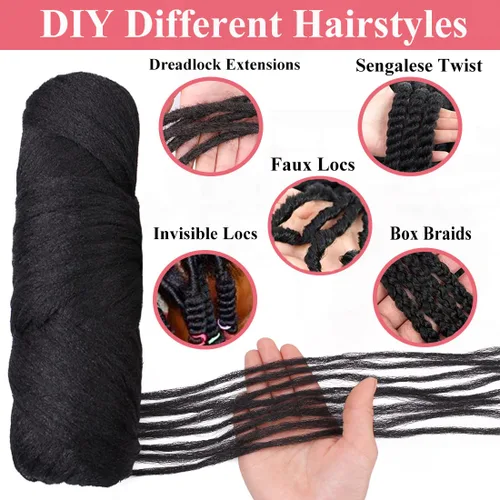 Miniatura 5 de COOKOO 2 rollos de hilo de lana brasileña color negro natural para cabello trenzado de ganchillo, trenzas, torsión, urdimbres, torsión senegalesa
