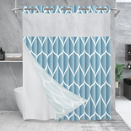 Miniatura 50 de Yiatn Juego de cortina de ducha azul egeo sin gancho con forro de tela a presión, estilo hotel con ventana superior de malla transparente, diseño