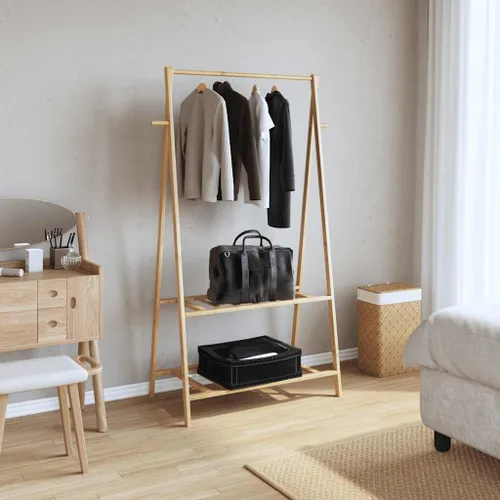 Miniatura 2 de Bamboo Clothing Rack, Varnished Finish, Adjustable Shelves, Foldable Garment Hanger for Bedroom Storage