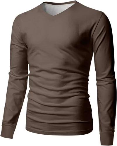 Miniatura 5 de Camiseta para hombre, manga larga, cuello en V, color liso, informal, básica, suave, elástica, M-3XL