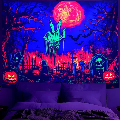 Miniatura 36 de BVBOX Tapiz de Halloween con luz negra, reactivo a los rayos UV que brilla en la oscuridad, póster de tapiz trippy con luz negra para sala de estar