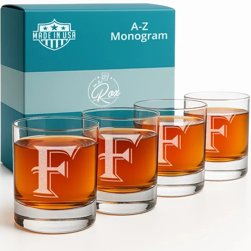 Miniatura 33 de On The Rox Drinks Juego de 4 vasos de vidrio grabados con monograma B, 11 onzas