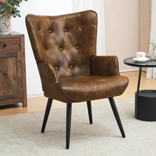 Miniatura 8 de Furniliving Silla decorativa de piel sintética para sala de estar, silla de lectura tapizada con respaldo alto, sillón acolchado con respaldo alado