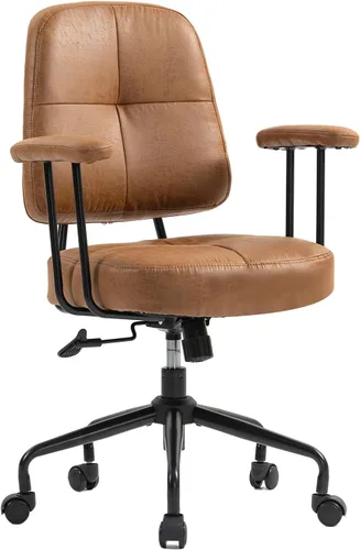 ECOTOUGE Home Office Chair, Adjustable Faux Leather Desk Chair for Home Office, Mid Century Modern Comfy Computer Chair with Wheels, Upholstered