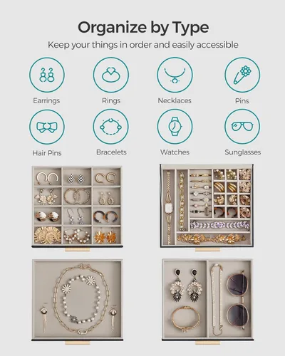 Miniatura 3 de SONGMICS Joyero organizador con tapa de vidrio, almacenamiento de joyas de 4 capas, con 3 cajones, estilo moderno, regalo de Navidad, 8 x 9.1 x 6.5