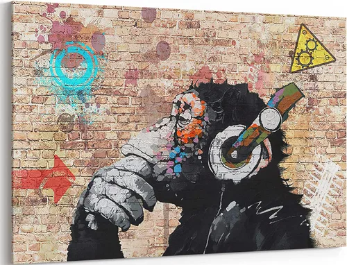 MGSBCXN Lienzo decorativo de pared de graffiti, Banksy, impresión artística de DJ Mono Pensativo con auriculares, pintura artística de arte pop Mono