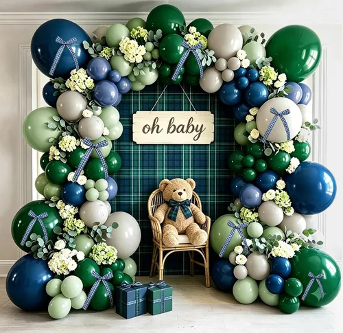 Navy Blue Green Balloon Arch Kit Double Stuffed Dark Blue Emerald Green White Sand Balloon Garland Dusty Olive Cream Balloons With Bows for Baby