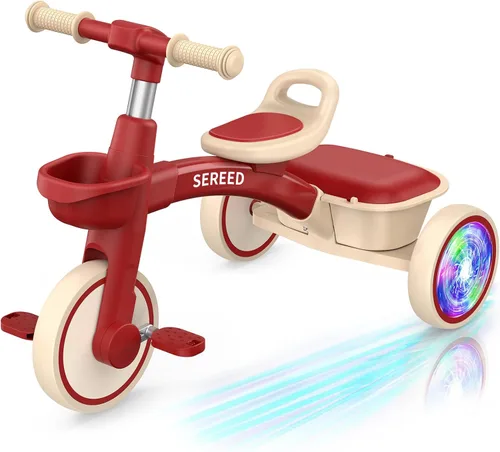 Miniatura 10 de SEREED Triciclo de iluminación colorida para niñas de 2 a 5 años, triciclo ajustable con asiento y manillar, cesta extraíble, idea de regalo de Rosa