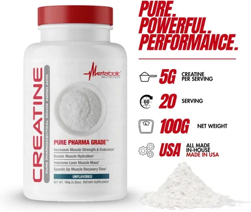 Miniatura 2 de Metabolic Nutrition Polvo de monohidrato de creatina pura para crecimiento muscular, fuerza y recuperación, suplemento de fitness, 0.18 onzas por