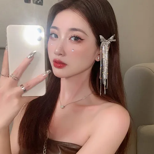 Miniatura 2 de Pinzas para el cabello de mariposa plateadas con diamantes de imitación, diseño de moda, accesorios para el cabello, cadena larga de borla